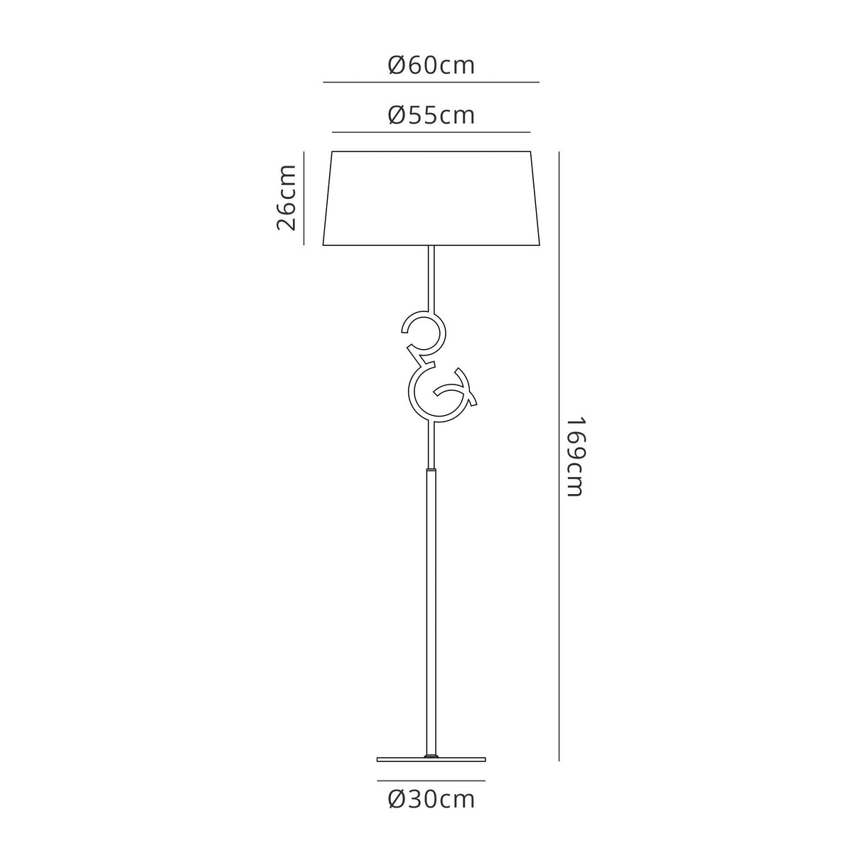 Line drawing of the Argi 3 Light Floor Lamp in Brown Oxide with Taupe Shade: height 169 cm, base diameter 30 cm, shade diameter 60 cm (top), 55 cm (bottom), shade height 26 cm. Features a decorative accent under the shade.