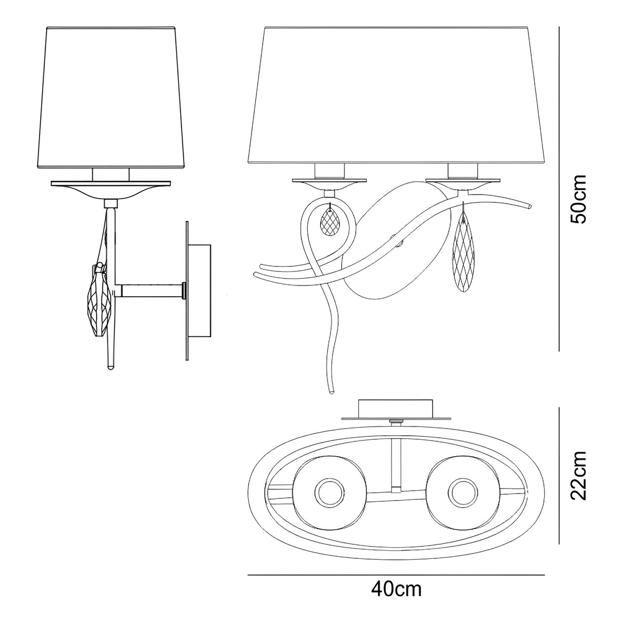 Louise Left 2 Light Crystal Wall Light - Chrome With White Shade