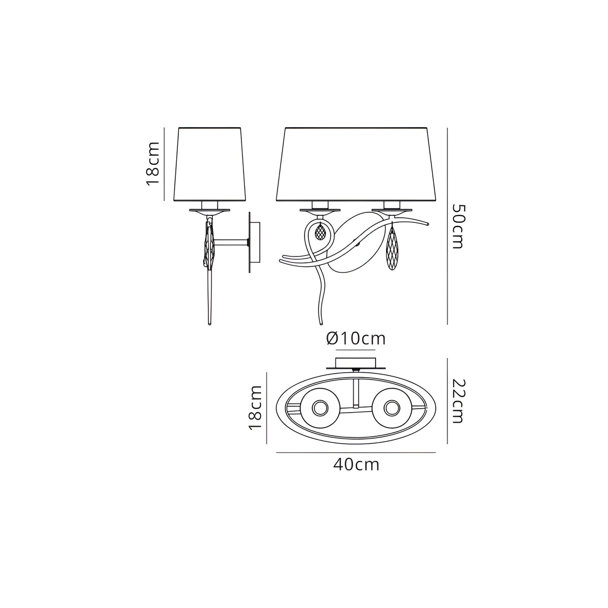 Louise Right 2 Light Crystal Wall Light - Chrome With White Shade