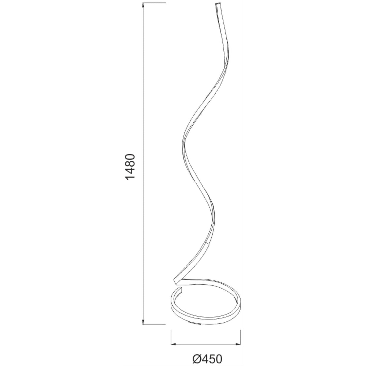 Line drawing of the Nur Dimmable LED Floor Lamp 20W 2800K in brown oxide, spiral-shaped with dimmable LED lighting; measures 1480 mm high with a circular base diameter of 450 mm.