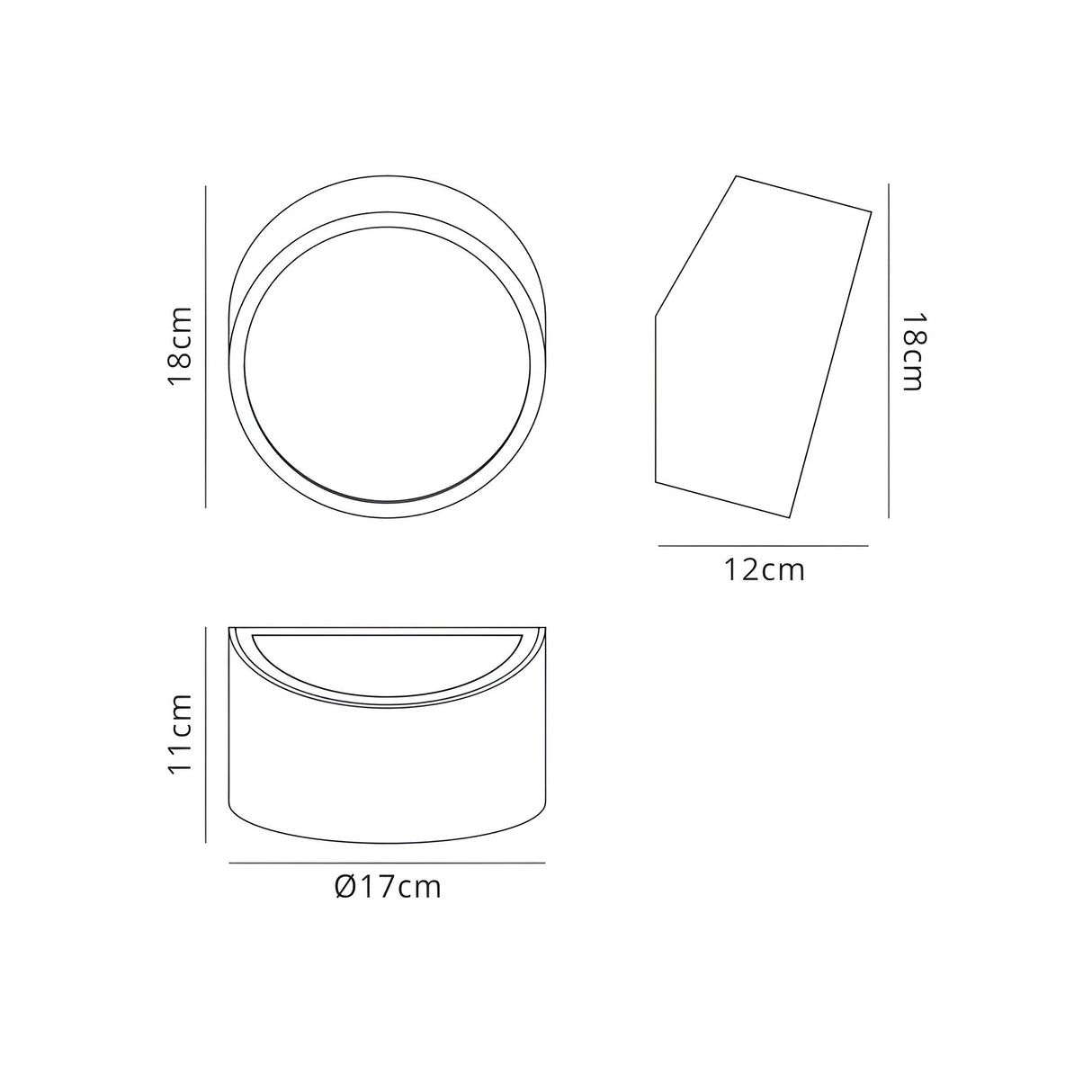 Mantra Mini Round 2 Light outdoor wall light technical drawing showing front, side and top views with 18cm height, 17cm diameter and 12cm projection.