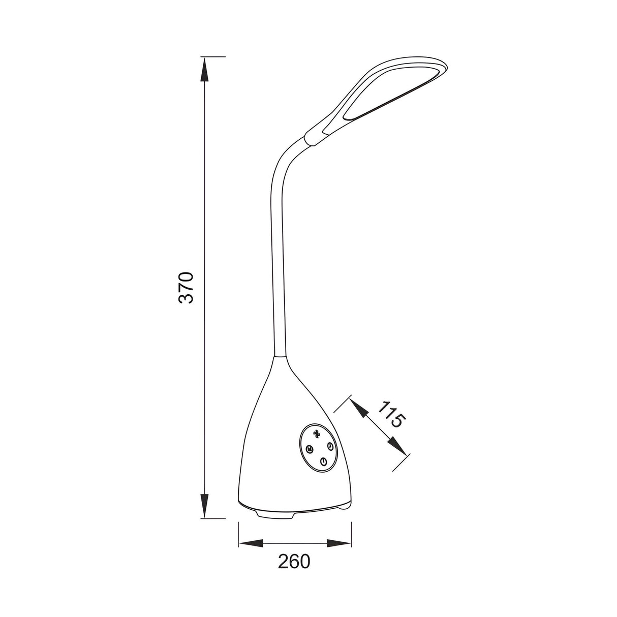 Line drawing of the Reading Touch Dimmable LED Battery Outdoor Table Lamp With Fan - White, featuring a flexible neck, touch controls on the base, 370 mm height, 260 mm wide base, and a lamp head extending 115 mm from the neck.