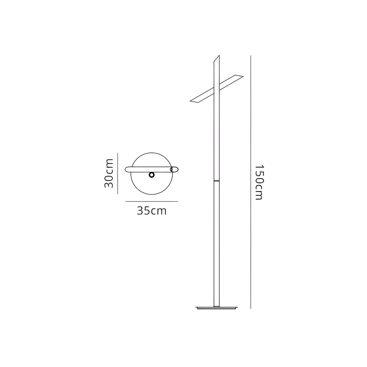 Line drawing of the Take Blanco Dimmable LED Floor Lamp (9W, 3000K, White), a tall cylindrical design with a horizontal bar near the top. Dimensions: 150cm high; lamp head 30cm high, 35cm wide. Includes side and front views—ideal for modern spaces.