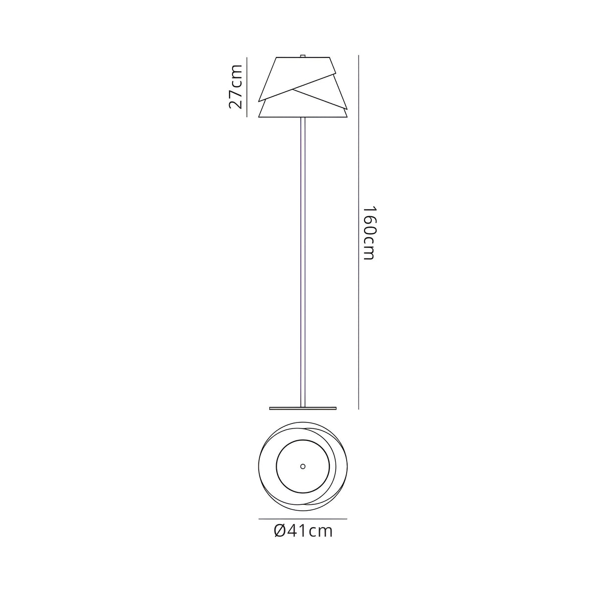 Line drawing of the Alboran 1 Light Floor Lamp in white & silver, ideal for minimalist spaces. Shown with both side and top views, it measures 160 cm high, has a 27 cm shade, and a 41 cm base—perfect for ambient lighting setups.