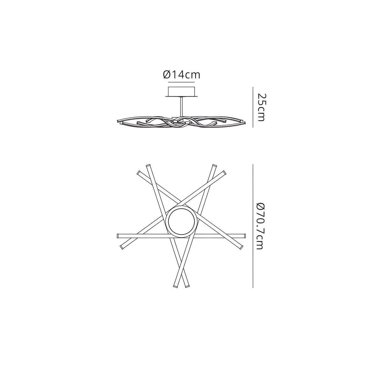Technical line drawing of the Mantra Aire semi-flush ceiling light showing 70.7cm diameter, 25cm height and 14cm canopy dimensions.
