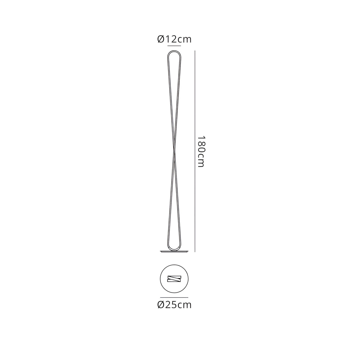 Line drawing of the Bucle Dimmable LED Floor Lamp 50W 3000K (Silver & Chrome), 180 cm high with a twisted design. Top diameter: 12 cm; base diameter: 25 cm. Includes labeled front and top views—ideal for modern lighting schemes.
