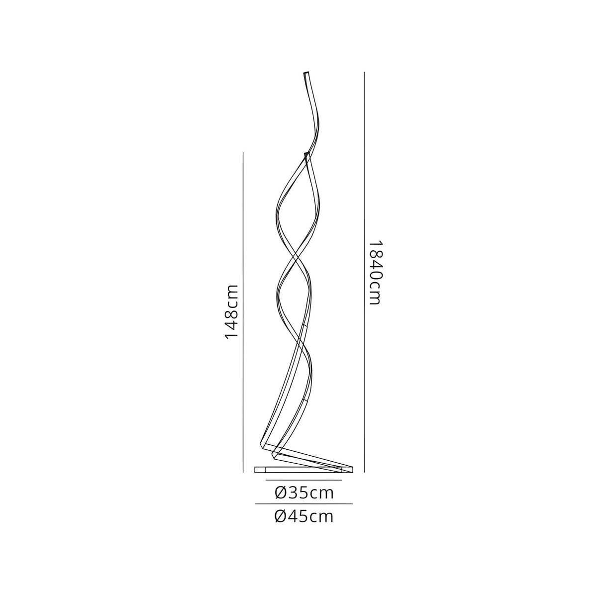 Line drawing of the Nur Blanco XL Dimmable LED Floor Lamp, 22W 4000K in white, featuring a modern spiral design with dimmable LEDs. Dimensions: height 184 cm, base width 45 cm, top width 35 cm, lower segment height 148 cm.