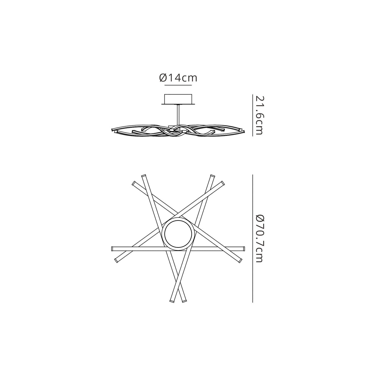 Dimension diagram for Mantra Aire LED semi-flush ceiling light showing 70.7cm diameter six-arm silver fitting with 21.6cm drop and 14cm canopy.
