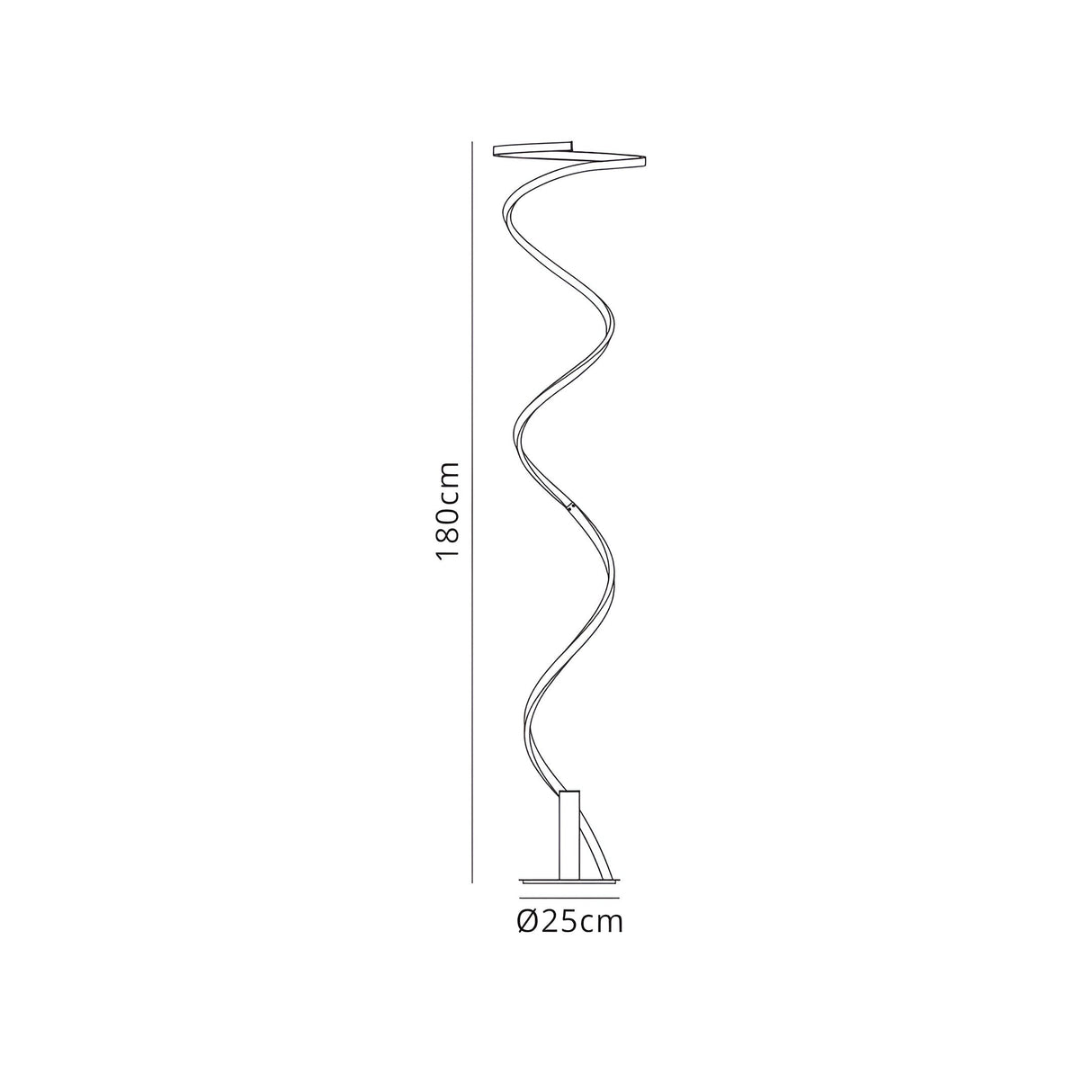 Line drawing of the Helix LED Floor Lamp 42W 4000K - White & Chrome, featuring a modern spiral design with labeled measurements—180 cm tall and a 25 cm round base—ideal for contemporary spaces.