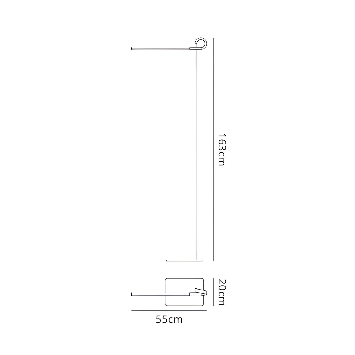 Line drawing of the Cinto Dimmable LED Floor Lamp 7W 3000K in polished chrome, featuring a slim pole and top arm. Dimensions: height 163 cm, base depth 20 cm, base width 55 cm.