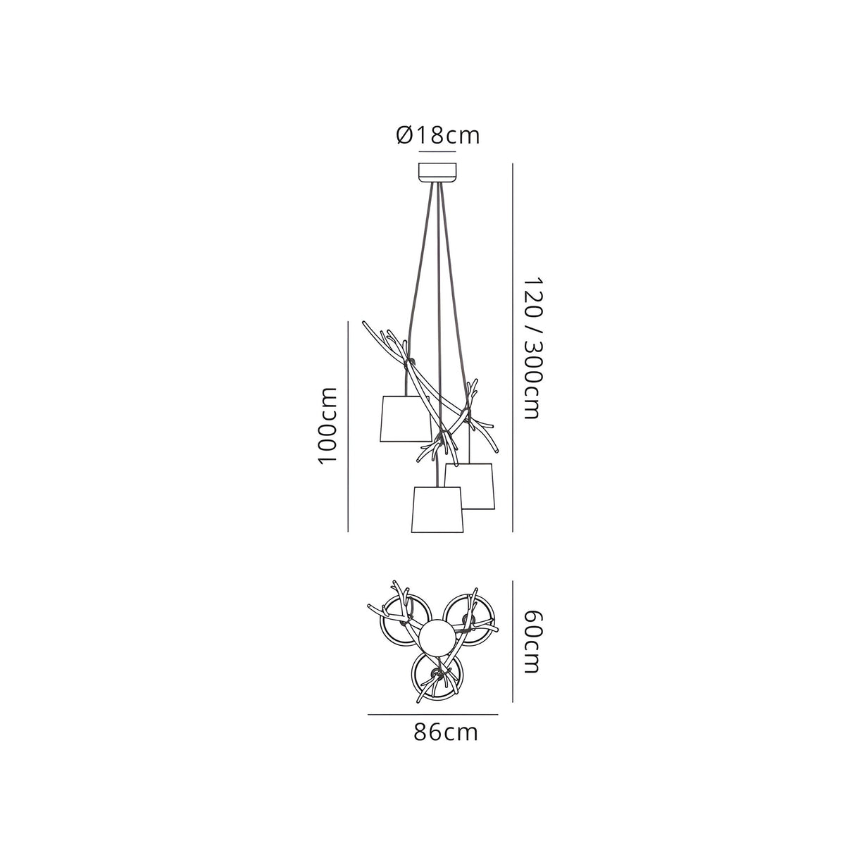 Technical dimension diagram of the Mantra Sabina 3 light cluster pendant showing 18cm canopy, 86x60cm frame, and 120-300cm adjustable drop.