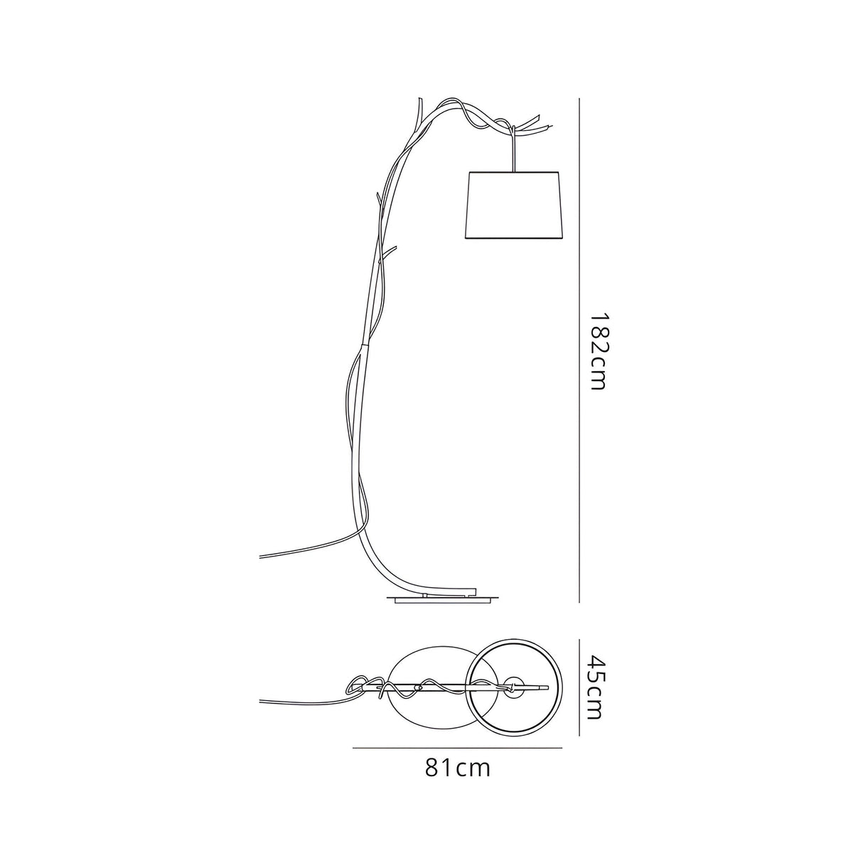 Line drawing of the Sabina 1 Light Floor Lamp—Brown With Linen Shade—showing side and top views with measurements: height 182 cm, base length 81 cm, base width 45 cm; features a curved stand, ideal for adding rustic lighting.