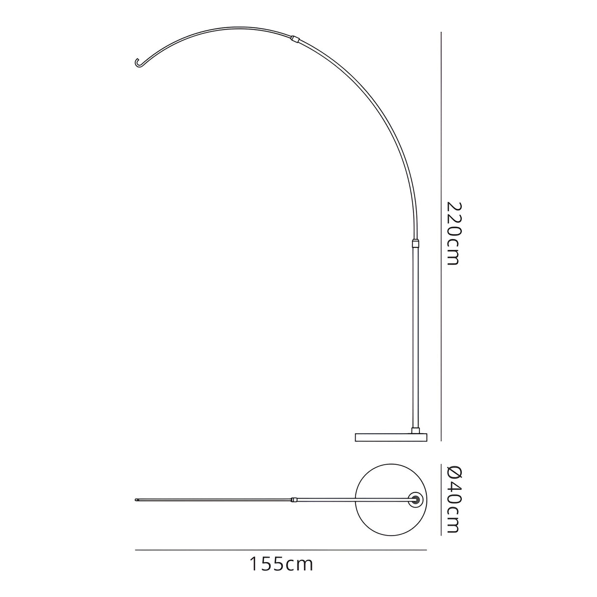 Line drawing of the Kinke Floor Lamp With Hook - Black: 220 cm tall, 155 cm curved arm, and a 40 cm round base. The black stainless steel arm extends outward from the base, ending in a distinctive hook. Suitable for indoor or outdoor use.