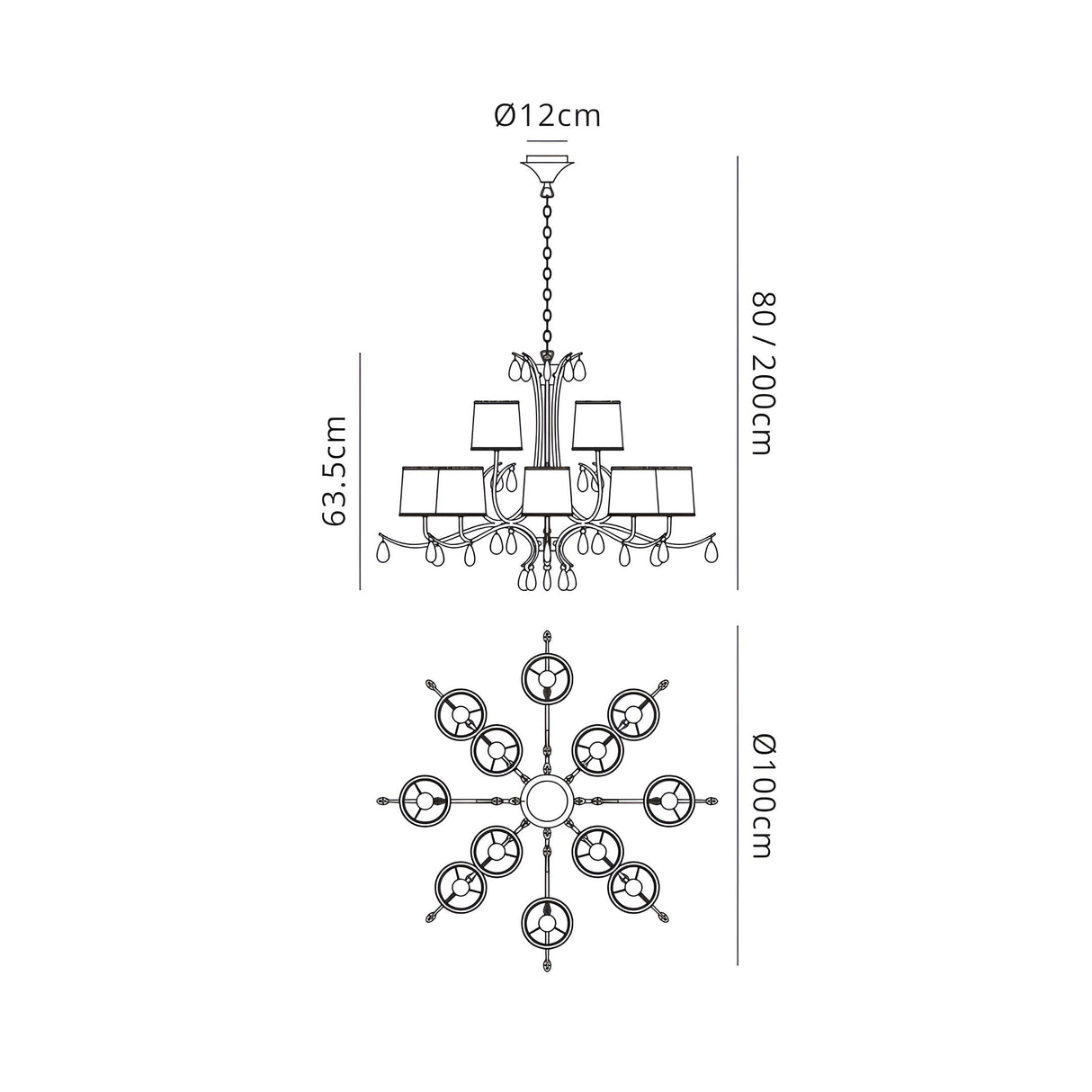 Andrea 100cm 12 Light Chandelier - Antique Brass With White Shades