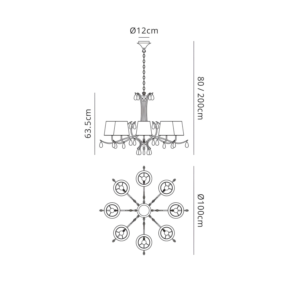 Andrea 100cm 8 Light Chandelier - Antique Brass With White Shades