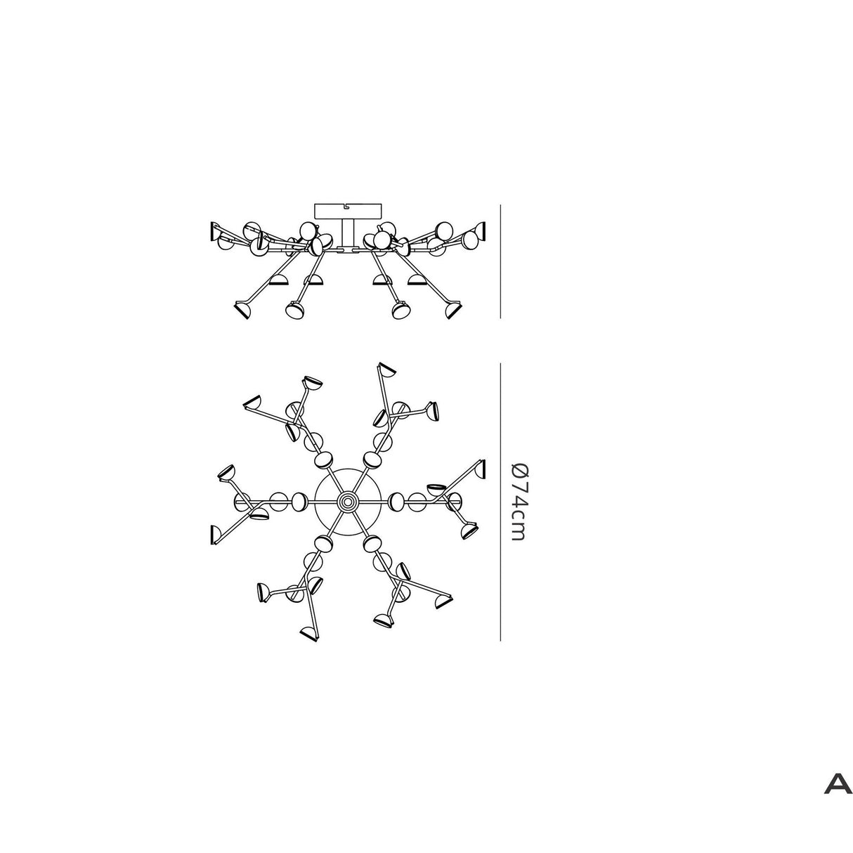 Technical line drawing of the Mantra Adn 36 Light semi-flush ceiling light in white, showing side and top views with a 74cm diameter measurement.