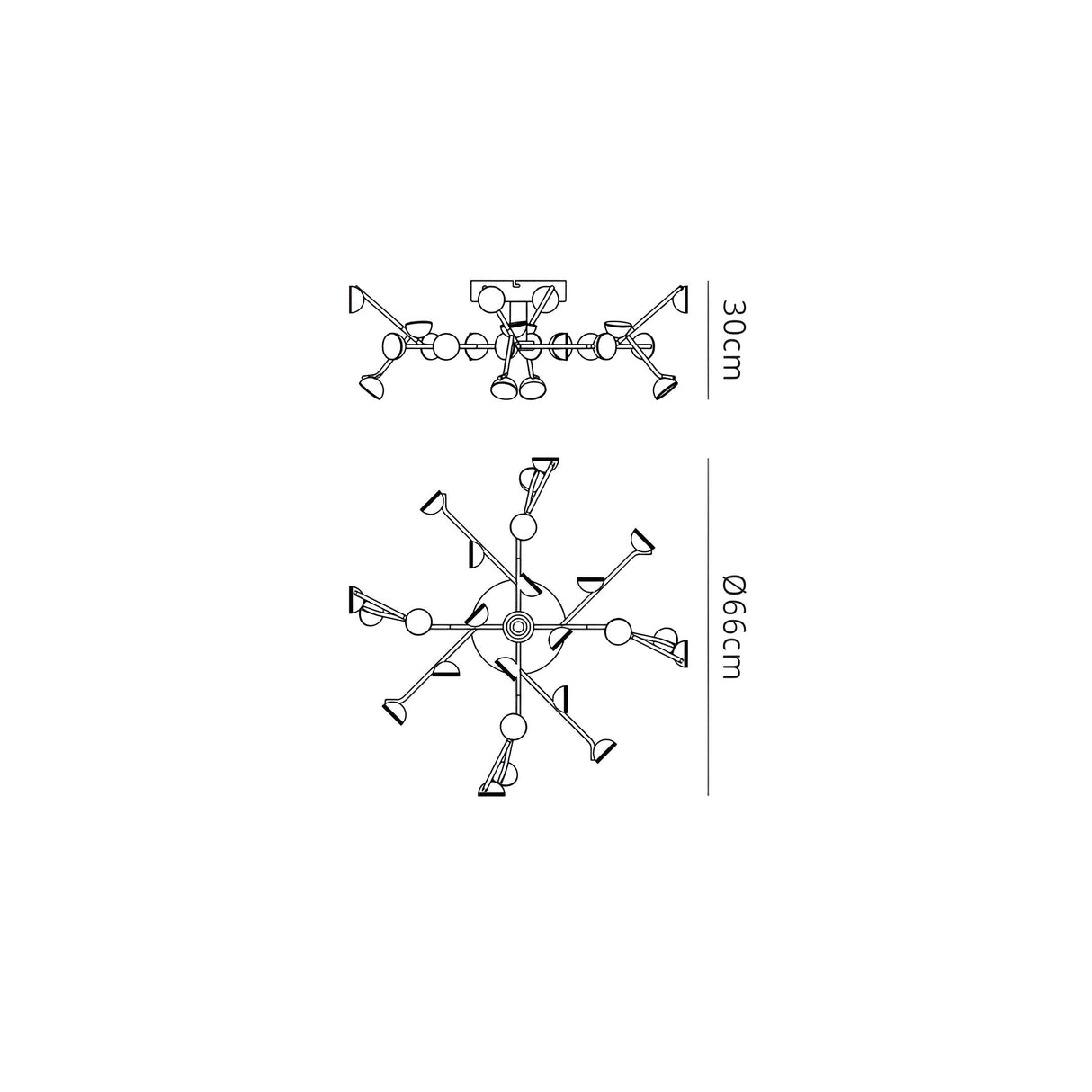 Mantra Adn 24 Light semi-flush ceiling light dimension diagram showing 66cm diameter and 30cm height with radial arm layout in white.