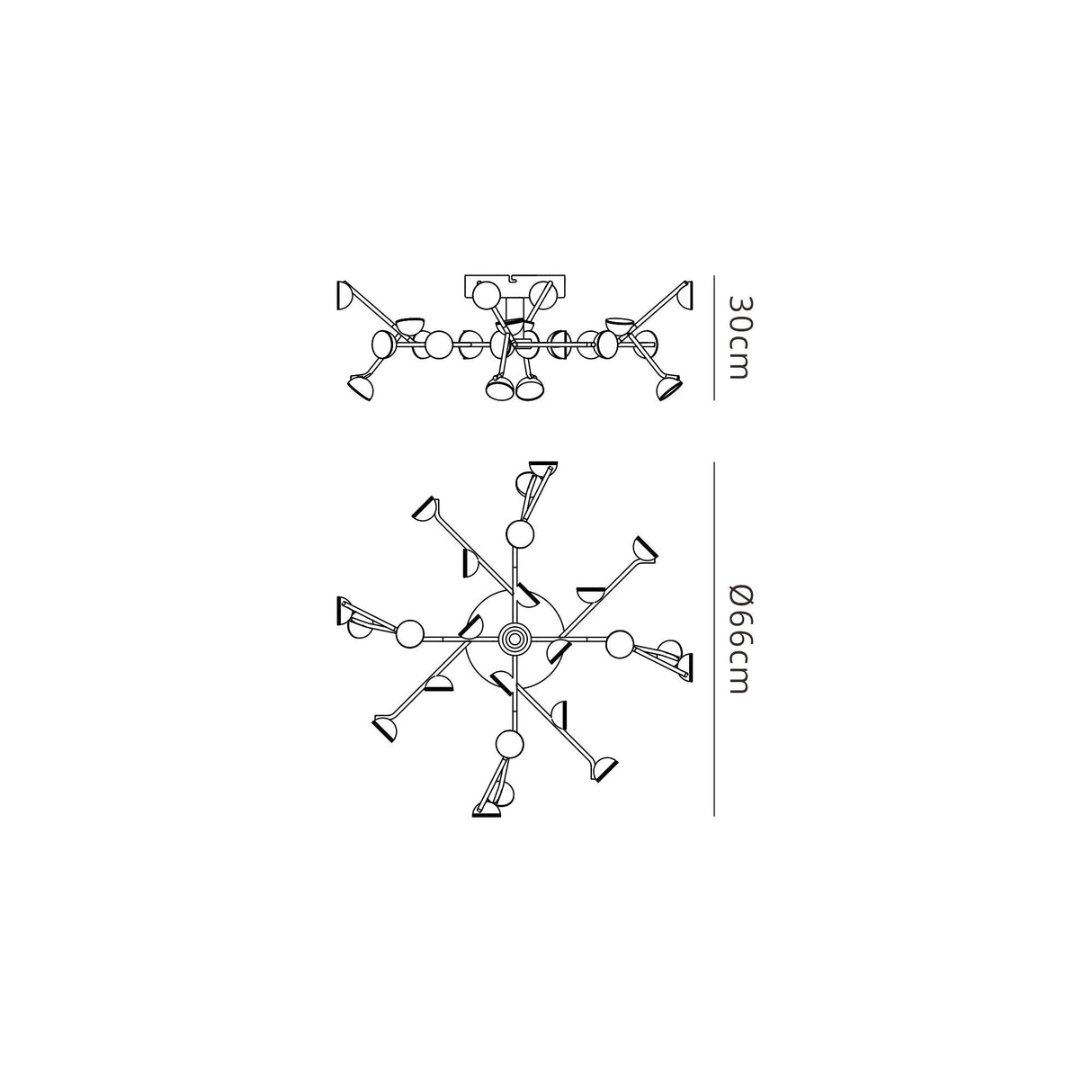 Dimension diagram of the Mantra Adn 24 Light Semi-Flush Ceiling Light in black, showing 30cm height and 66cm diameter with branching arms.