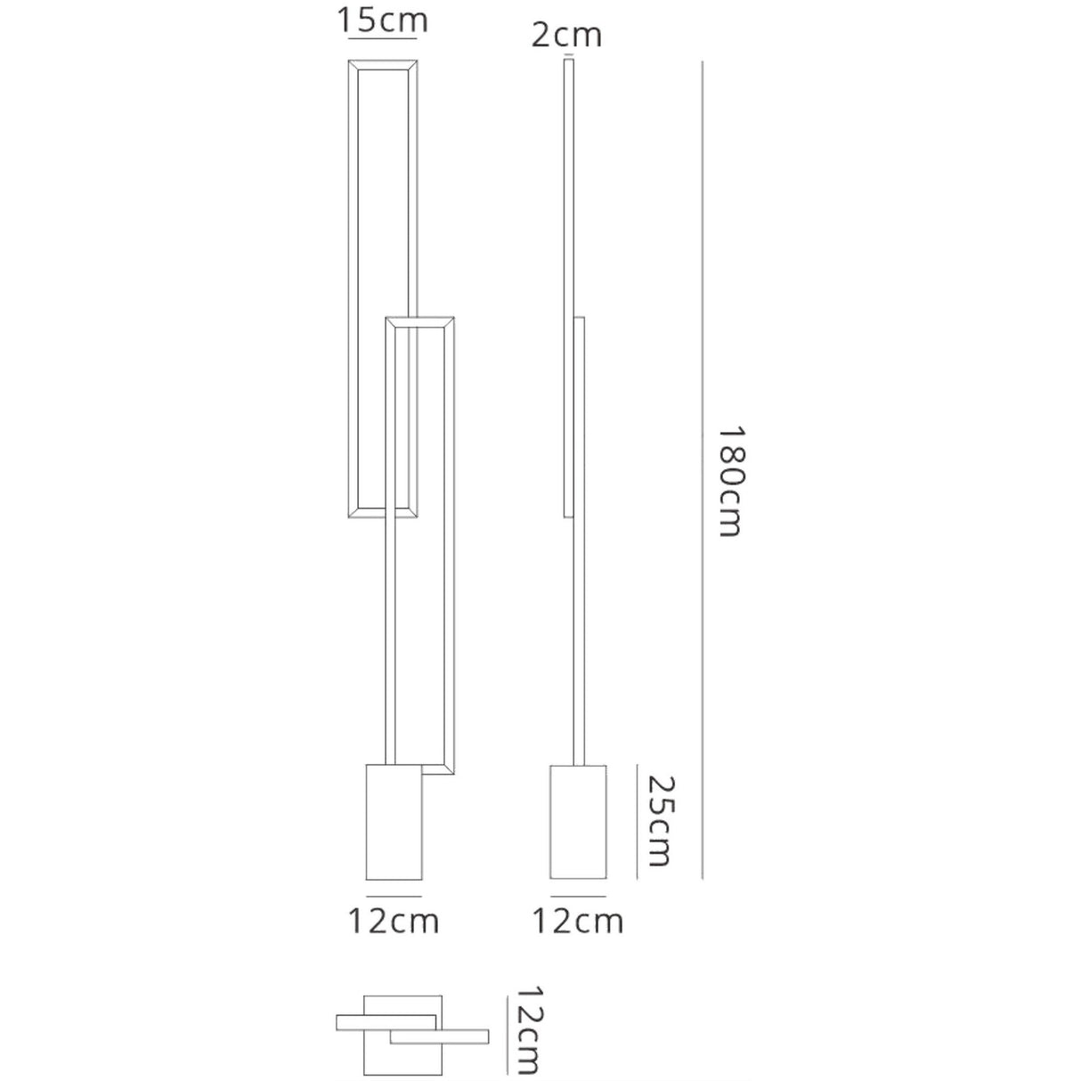 Line drawing of the Mural LED Floor Lamp 48W 3000K (Matt White) with measurements: 180 cm height, 15 cm width, 25 cm bottom section, and 12 cm depth/base. Top and side views included—perfect for modern living room lighting.