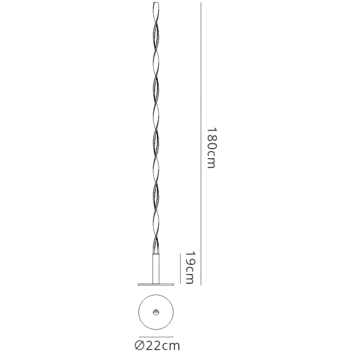 Line drawing of the Madagascar LED Floor Lamp 24W 3000K in sand white. Height: 180 cm plus 19 cm base; circular base diameter: 22 cm. A sleek, modern, energy-efficient sculptural light for contemporary spaces.