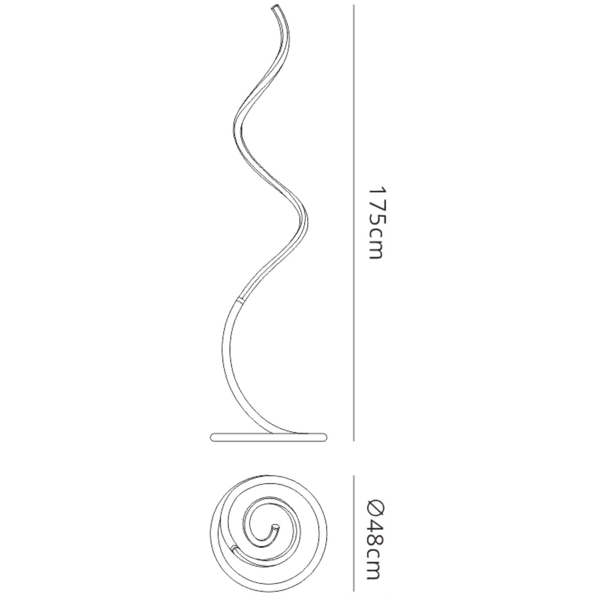 Line drawing of the Nur II Dimmable LED Floor Lamp 20W 3000K in polished chrome, 175 cm tall with a 48 cm base, shown from the side and top to showcase its sleek, wave-like modern design.
