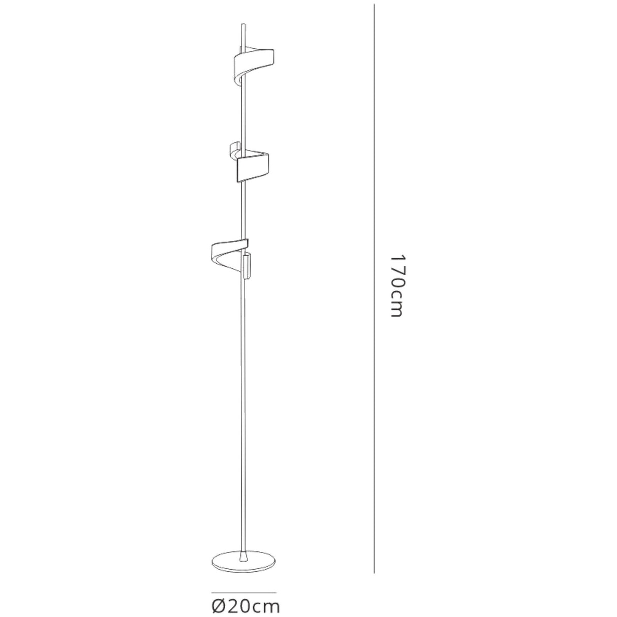 Line drawing of the Tsunami LED Floor Lamp 36W 3000K - Sand White, featuring a round 20 cm base, three adjustable rectangular heads, and a height of 170 cm. This modern lighting piece adds ambient light to any space.