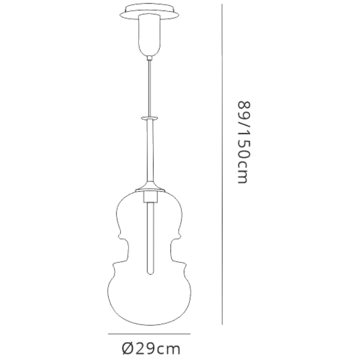 Technical line drawing of the Mantra Sonata 29cm pendant light showing a violin-shaped shade with dimensions 29cm diameter and 89/150cm adjustable drop.