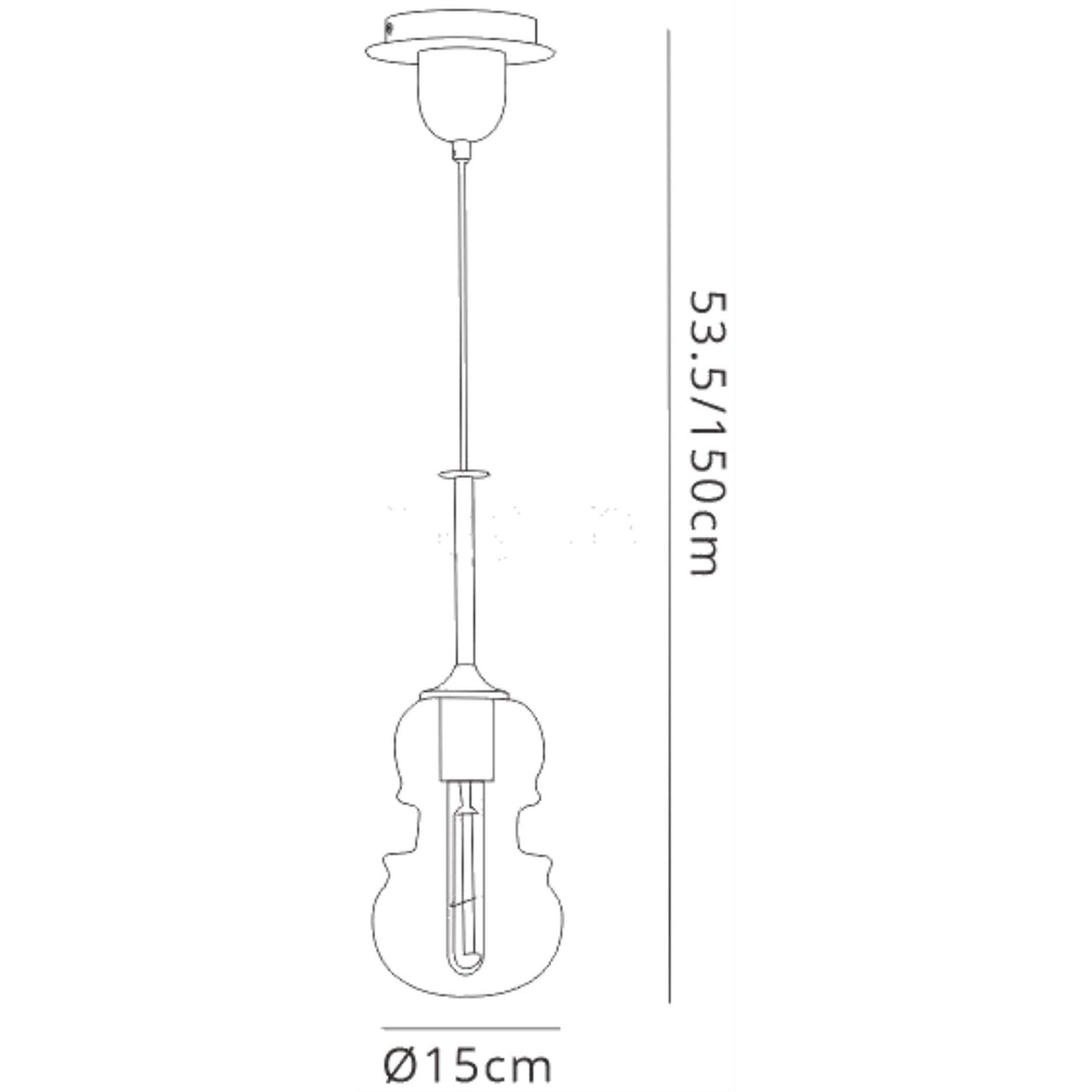 Technical line drawing of the Mantra Sonata bronze glass pendant light showing 15cm diameter and adjustable 53.5–150cm drop dimensions.