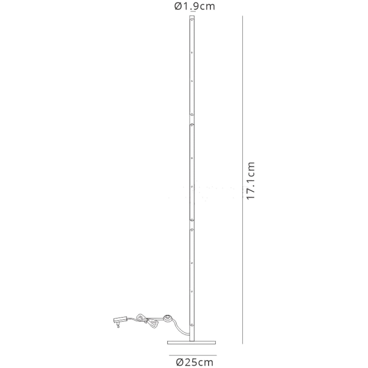 Line drawing of the Tsunami LED Floor Lamp 25W 3000K - Sand Black featuring a tall, slim design with a round 25 cm base, 171.1 cm height, and 1.9 cm top. Power cord and plug are visible at the base—ideal minimalist lighting for modern spaces.