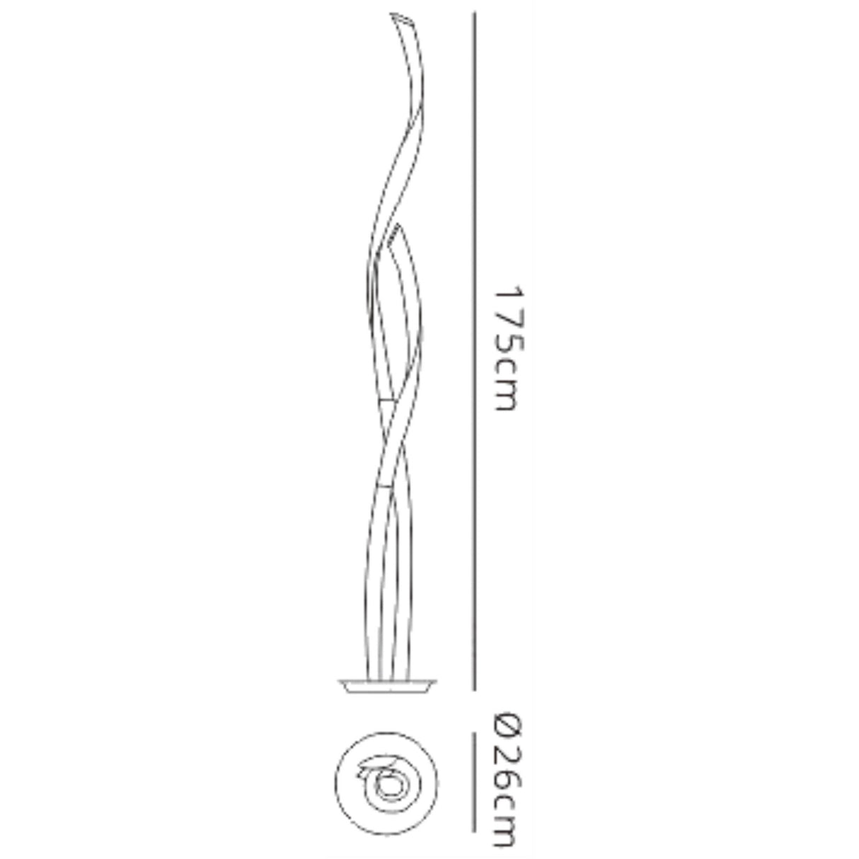 Line drawing of the Armonia LED Floor Lamp 30W 3000K in silver & white, featuring a modern twisted design, dimmable function, circular 26 cm base, and 175 cm height. Includes top and side views.