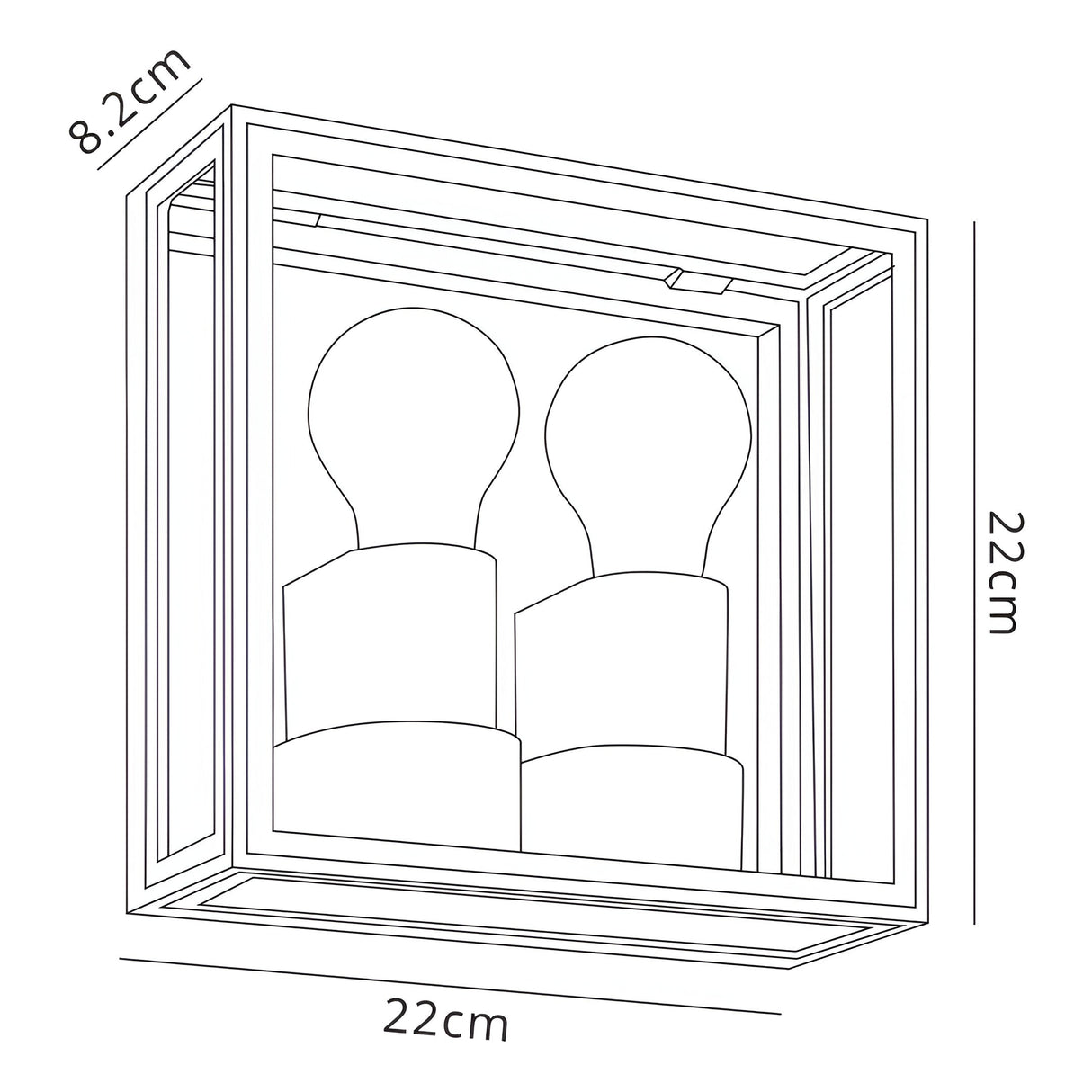 Dimensioned line drawing of the Mantra Verbier 2 light outdoor wall light showing 22cm square frame with 8.2cm projection and two E27 bulbs.