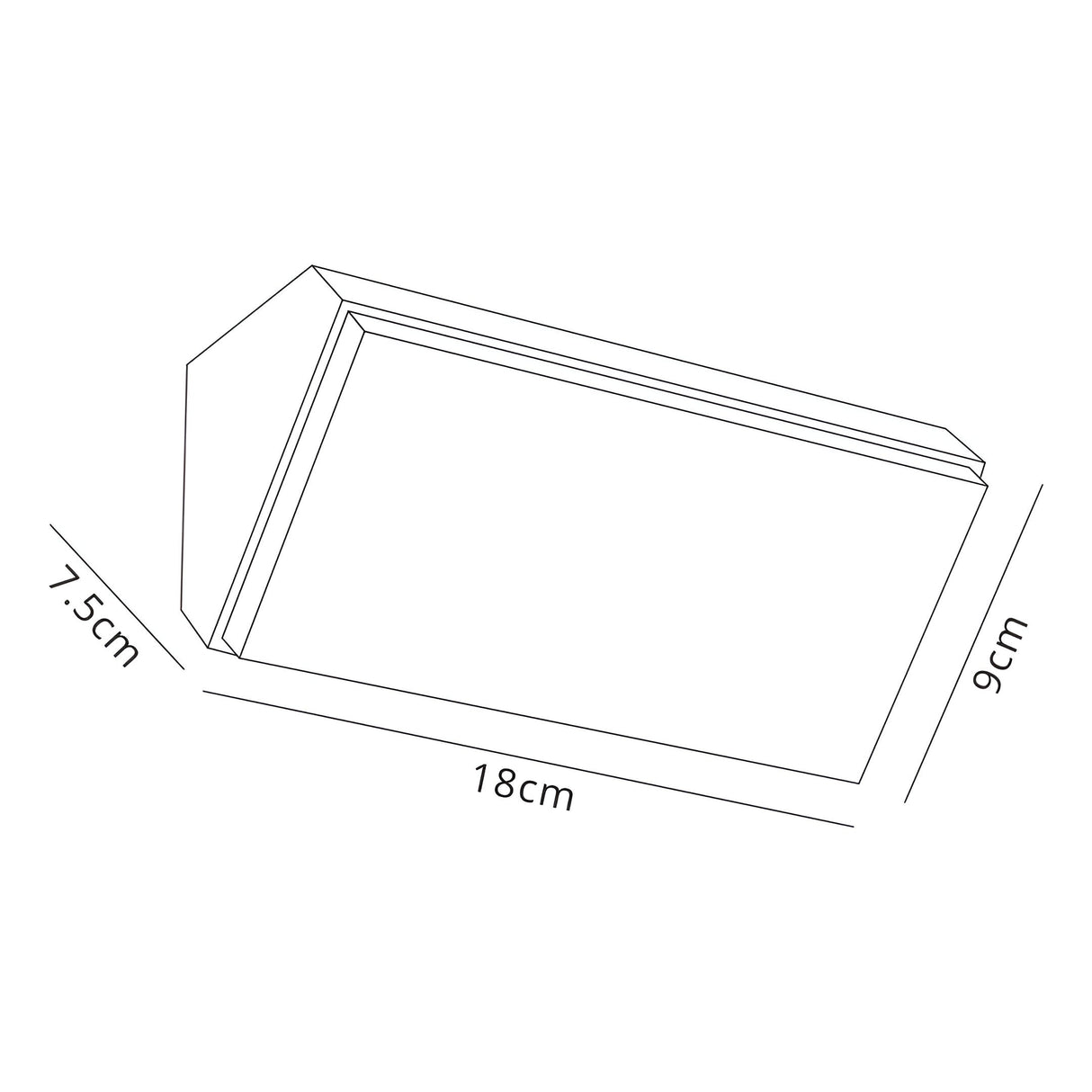 Mantra Solden outdoor LED wall light dimension diagram showing 18cm width, 9cm height and 7.5cm projection for the angled white housing.