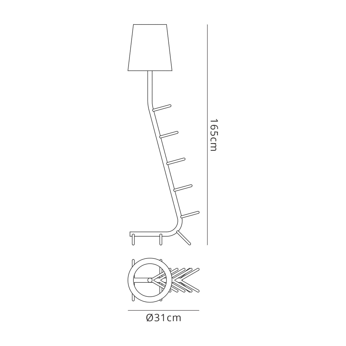 Line drawing of the Centipede 1 Light Floor Lamp - Red With White Shade features a modern design with several hooks, a round 31 cm base, and 165 cm height. Top and side views highlight its sleek, contemporary style.