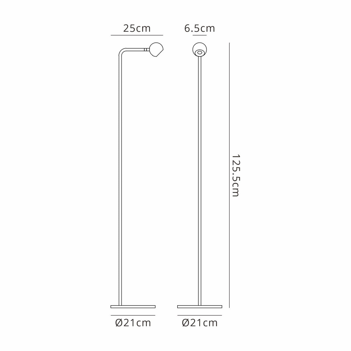 Line drawing of the Eyes LED Floor Lamp 6W 3000K - Sand Black, showing energy-efficient modern design. Height: 125.5 cm, base diameter: 21 cm, lamp head extends 25 cm, width: 6.5 cm. Front and side views illustrated.