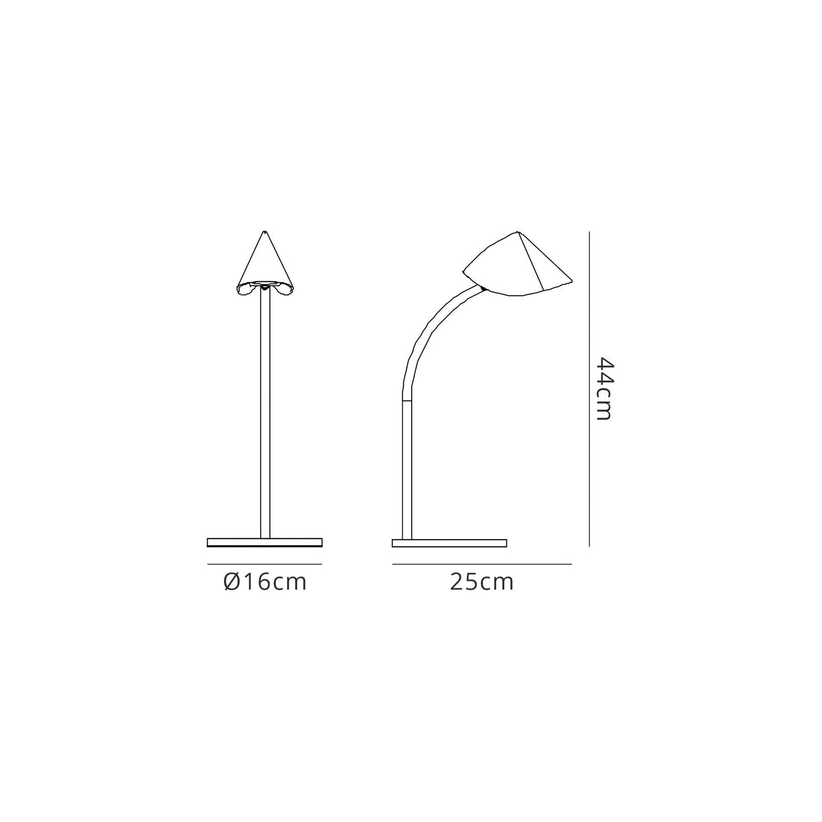 Dimensioned line drawing of the Capuccina Small LED table lamp, showing 44cm height, 25cm depth and 16cm circular base.