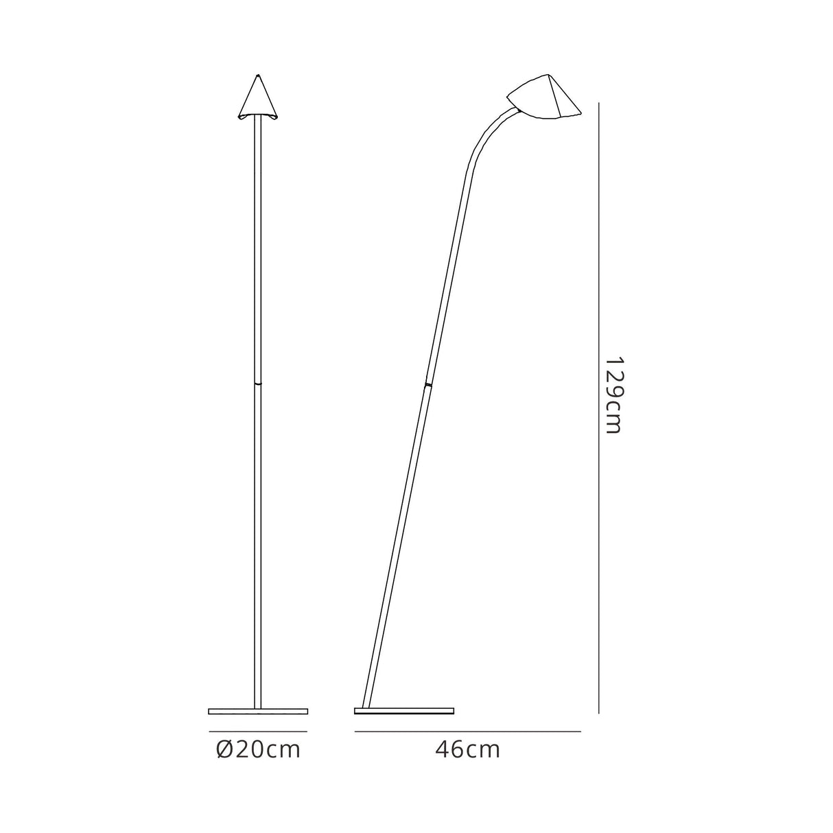 Line drawing of the Capuccina LED Floor Lamp 8.5W 3000K - Black, with conical shade, front and side views shown. Dimensions: height 129 cm, base diameter 20 cm, shade height 46 cm—ideal for ambient lighting.