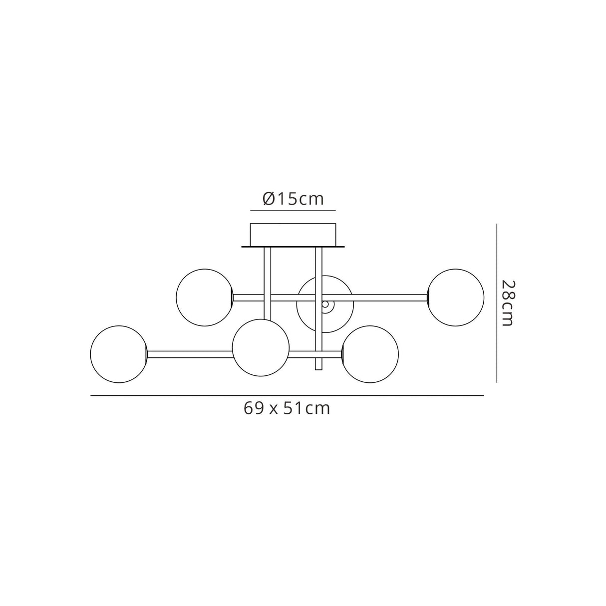 Dimension diagram of Mantra Cellar 7 Light semi-flush ceiling light showing 69 x 51cm spread, 28cm height and 15cm canopy diameter.
