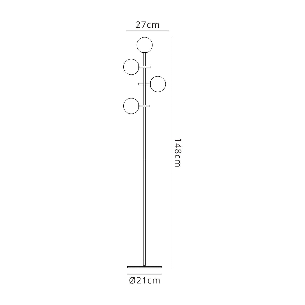 Line drawing of the Cellar LED Floor Lamp 5W 4000K - Black, a dimmable floor lamp with four vertically arranged round bulbs, standing 148 cm tall, top width 27 cm, and a circular base measuring 21 cm in diameter.