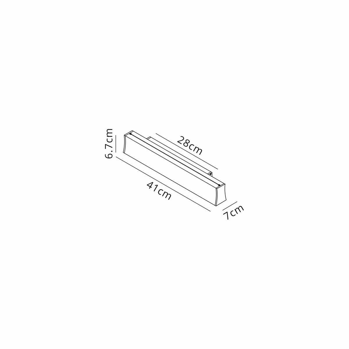 Dimension diagram of the Hanok 41cm linear LED wall light showing 41cm length, 6.7cm height, 7cm projection and 28cm lit section.