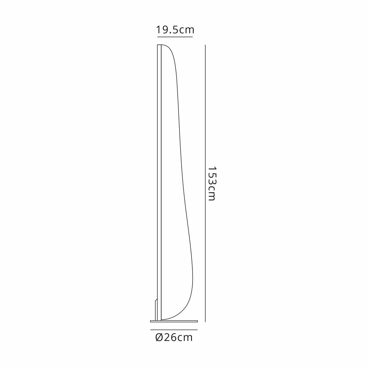 A line drawing of the Bianca Small LED Floor Lamp 20W 3000K - White shows a modern curved profile with dimensions: height 153 cm, widest point 19.5 cm, and a circular base diameter of 26 cm.