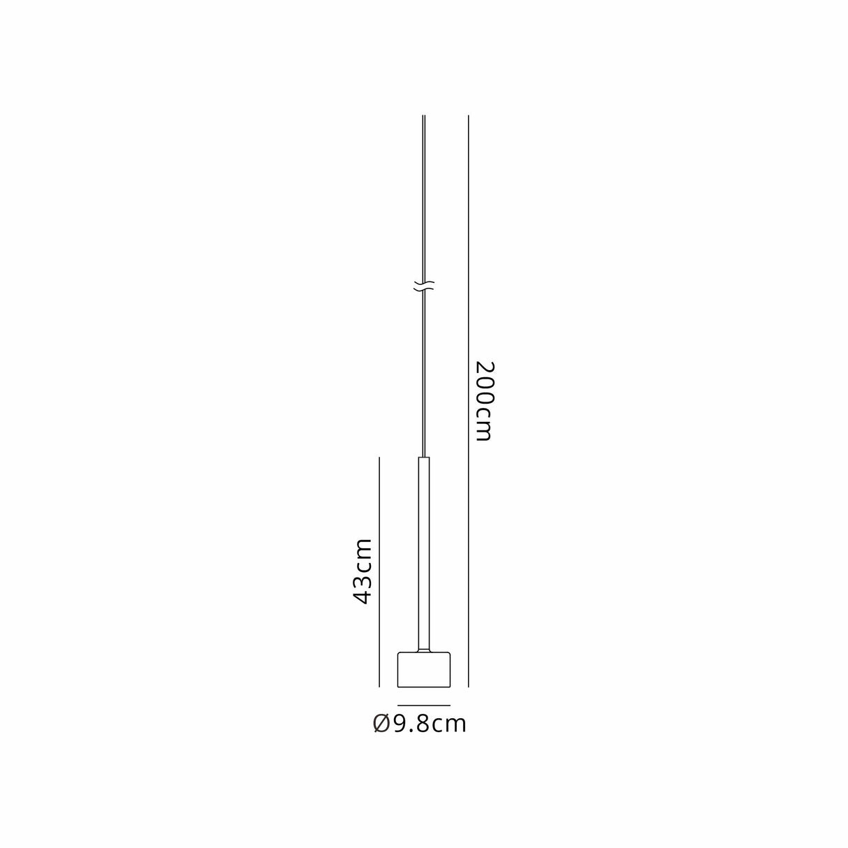 Dimensions diagram of the Mantra Tonic pendant light showing a 43cm slim drop, 9.8cm diameter base, and 200cm adjustable cable.