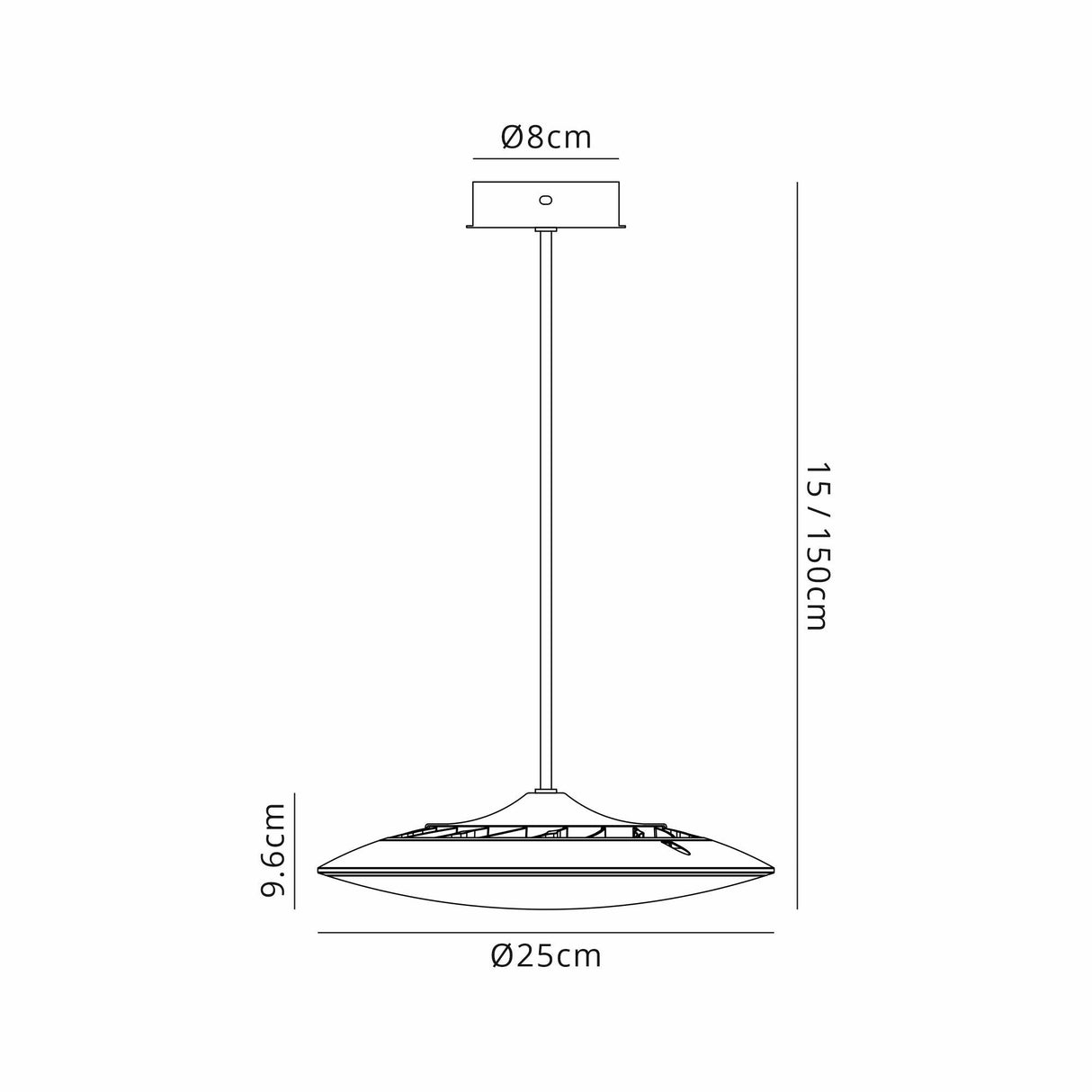 Technical line drawing of the Mantra Slim 25cm round LED pendant light showing 8cm ceiling plate, 15-150cm adjustable drop, and 9.6cm shade depth.