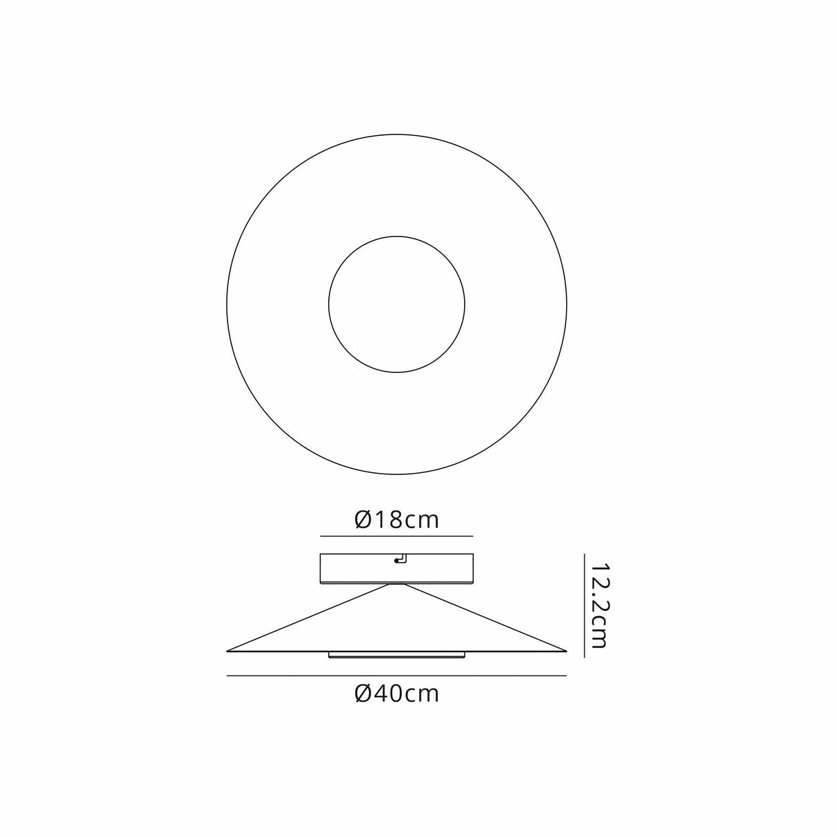 Mantra Orion semi-flush ceiling light dimension diagram showing 40cm diameter shade, 18cm ceiling cap and 12.2cm drop height.