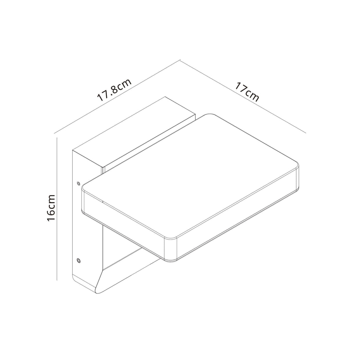 Dimensioned line drawing of the Mantra Cooper outdoor LED wall light showing 17cm width, 17.8cm projection and 16cm height.