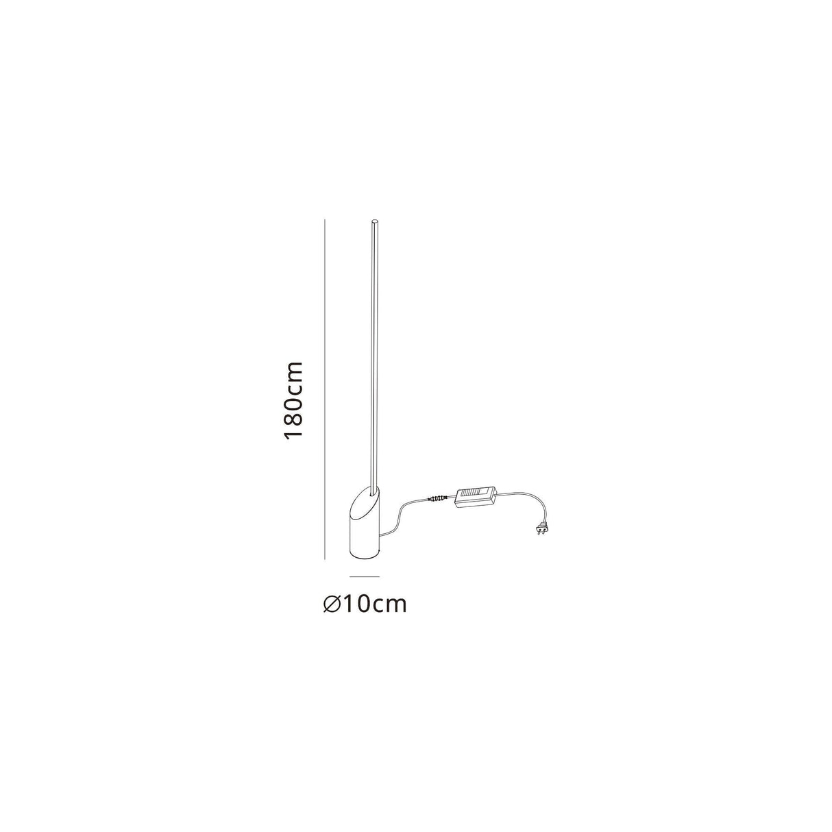 Line drawing of the Marmol LED Floor Lamp 28W 3000K in Black Marble & Black, showcasing its tall, slim silhouette (180 cm x 10 cm) with cord and plug—ideal as an LED floor lamp for modern interiors.