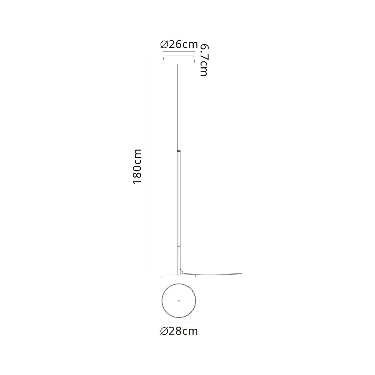 Line drawing of the Noa II Touch Dimmer LED Floor Lamp 15W 3000K - White, showing side and top views with dimensions: height 180 cm, base diameter 28 cm, lamp head diameter 26 cm, and thickness 6.7 cm—ideal for modern spaces.