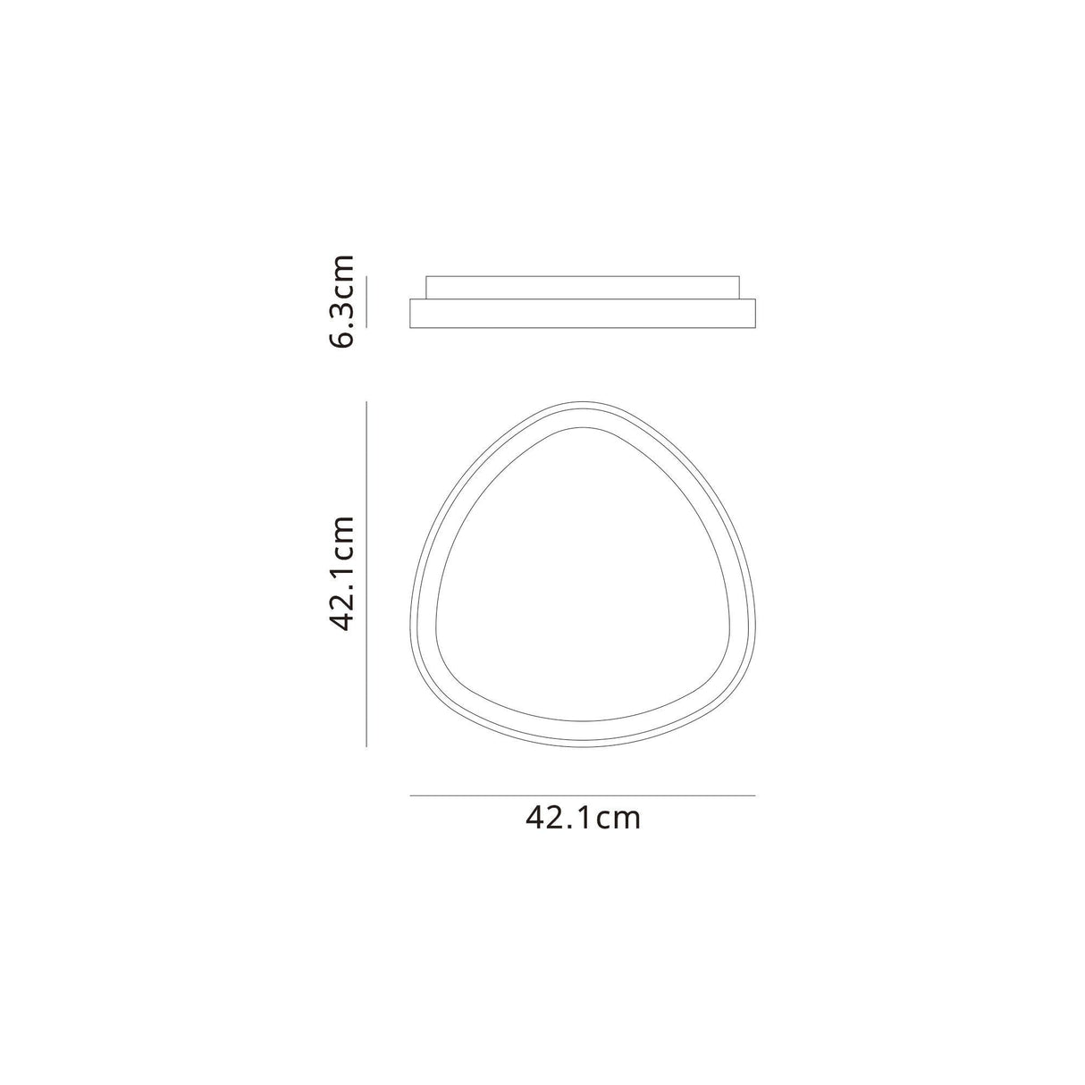 Dimensions diagram for the Mantra Niseko triangular flush ceiling light, showing 42.1cm width and depth with a 6.3cm profile.
