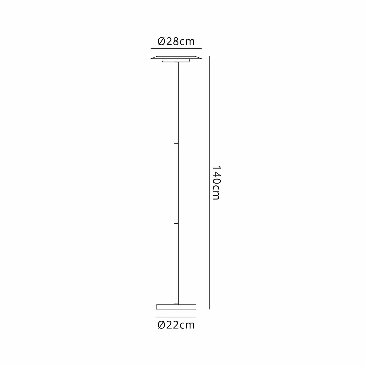 Line drawing of Tina LED Floor Lamp 12W 3000K in White & Black with a round 22 cm base, slim vertical pole, and 28 cm round top; total height is 140 cm. Ideal for adding ambient lighting to any space.