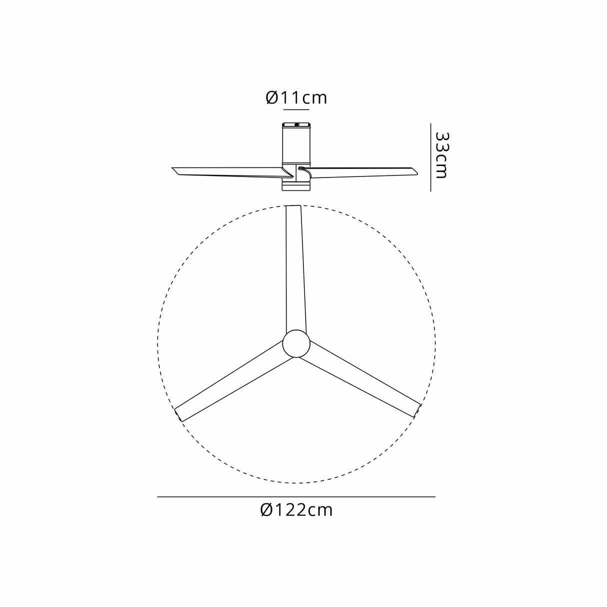 Dimensional diagram of the Mantra Up Down ceiling fan light showing 122cm blade diameter, 33cm drop, and 11cm canopy.