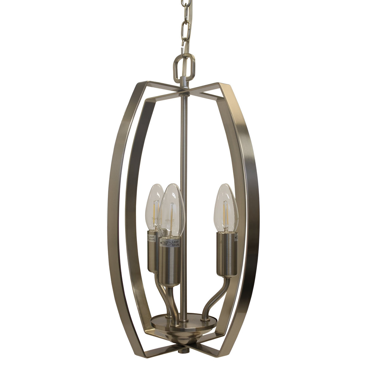 Impex Seren 3 light pendant with an open vertical cage frame in antique brass, three upward E14 candle bulbs, and matching chain on a white background.